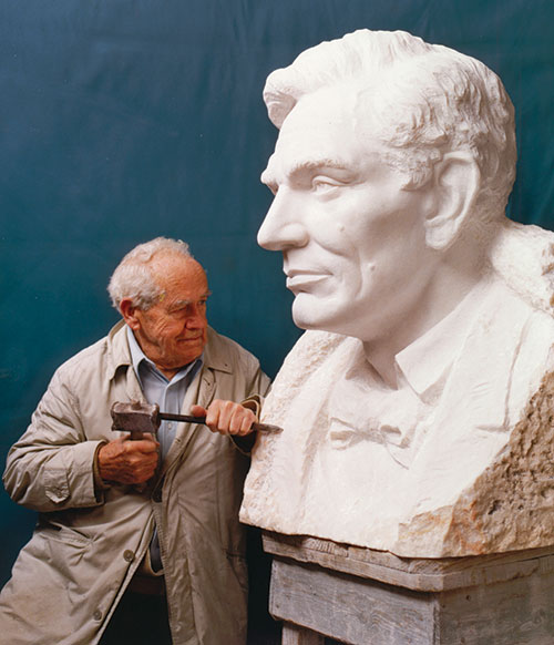 Avard T. Fairbanks carving a colossal portrait of Lincoln